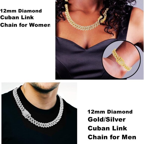 14k Gold/Silver Cuban Link Chain Set for Women Iced Out Diamond Bling Jewelry - Picture 6 of 7